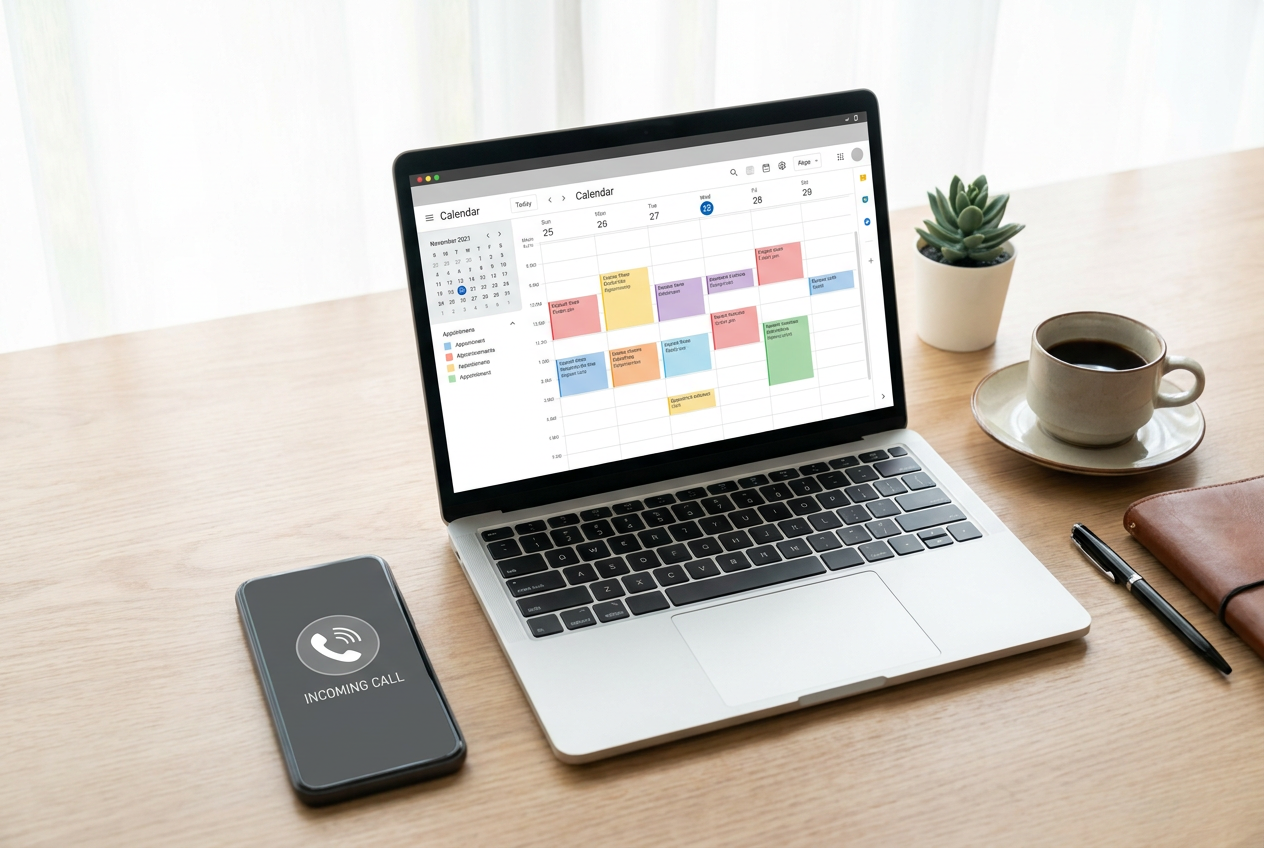 Bureau met smartphone, laptop met planningssoftware en koffie, bovenaanzicht