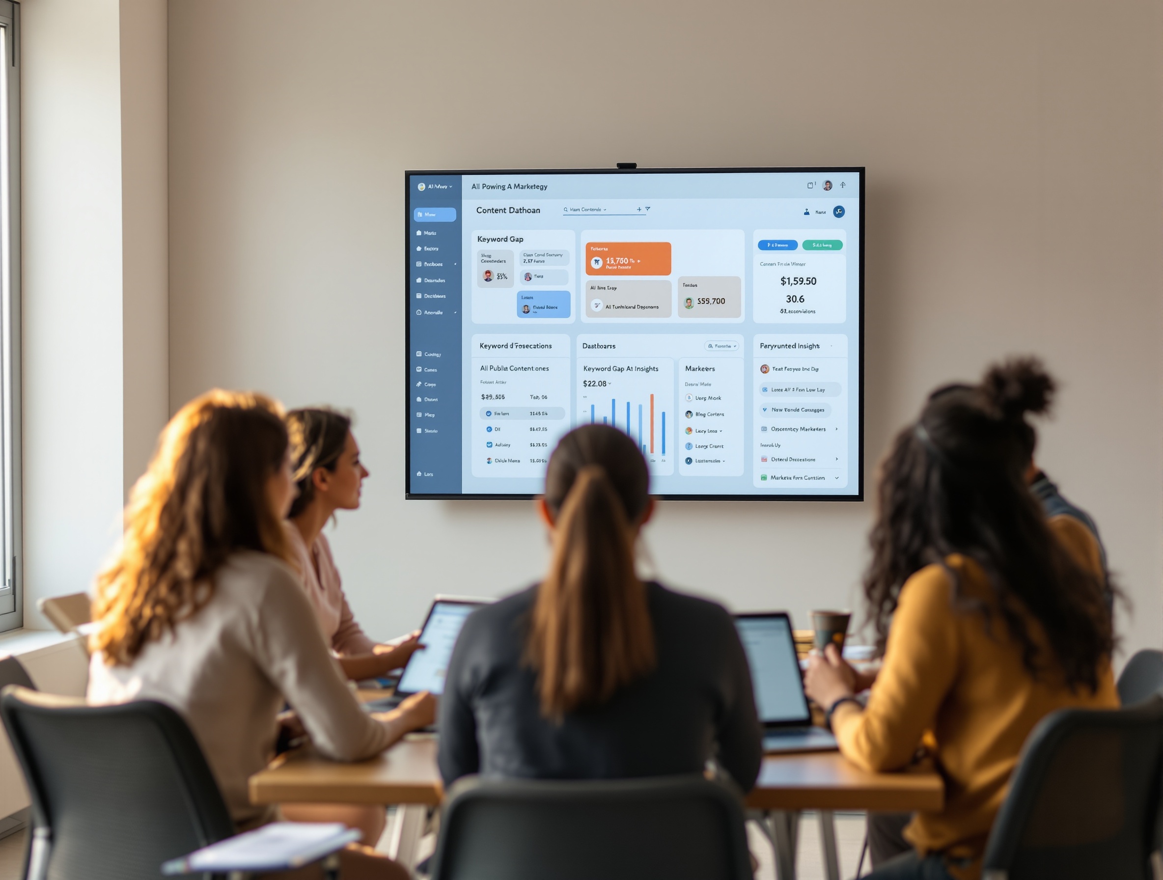 Marketers collaborating with an AI dashboard showing blog schedules and keyword gaps