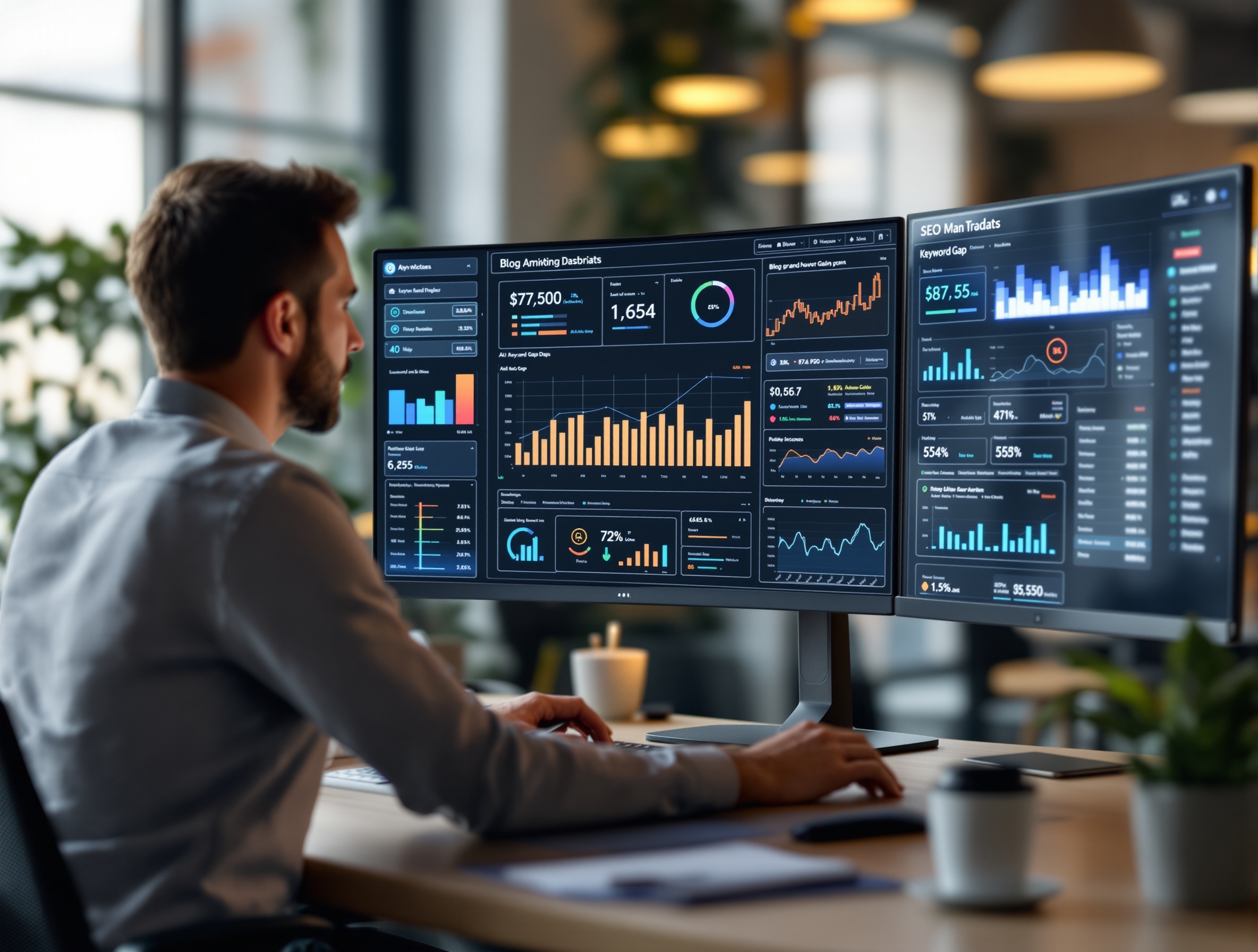 A strategist analyzing AI-generated content and SEO metrics on digital screens