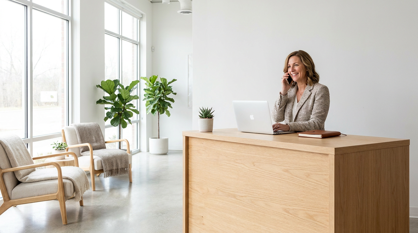 Ondernemer aan de telefoon in een modern kantoor met een vriendelijke uitstraling