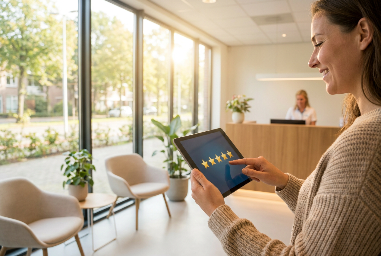 Tevreden klant die een vijf sterren review geeft op een tablet