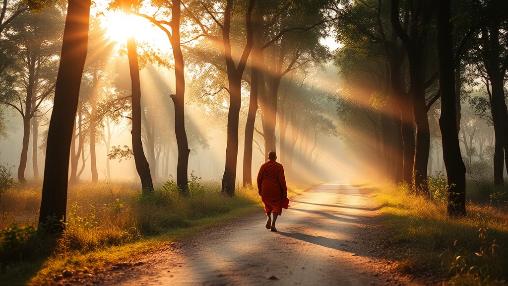 A monk walking a forest path in the early morning, reminiscent of the Buddha's wandering years before his awakening