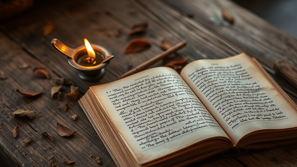 An open ancient manuscript with Pali script beside a small oil lamp, representing the written transmission of Buddhist teachings