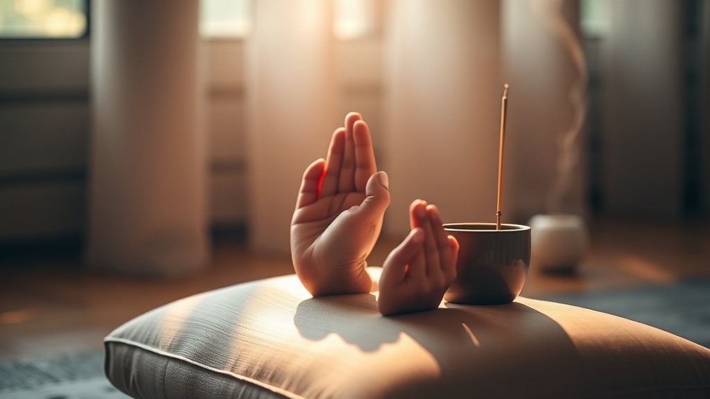 Hands in anjali mudra on a meditation cushion with incense burning softly in the background
