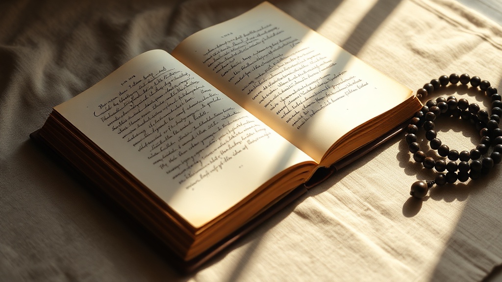 Open aged book with mala beads on linen cloth, studying Buddhist teachings