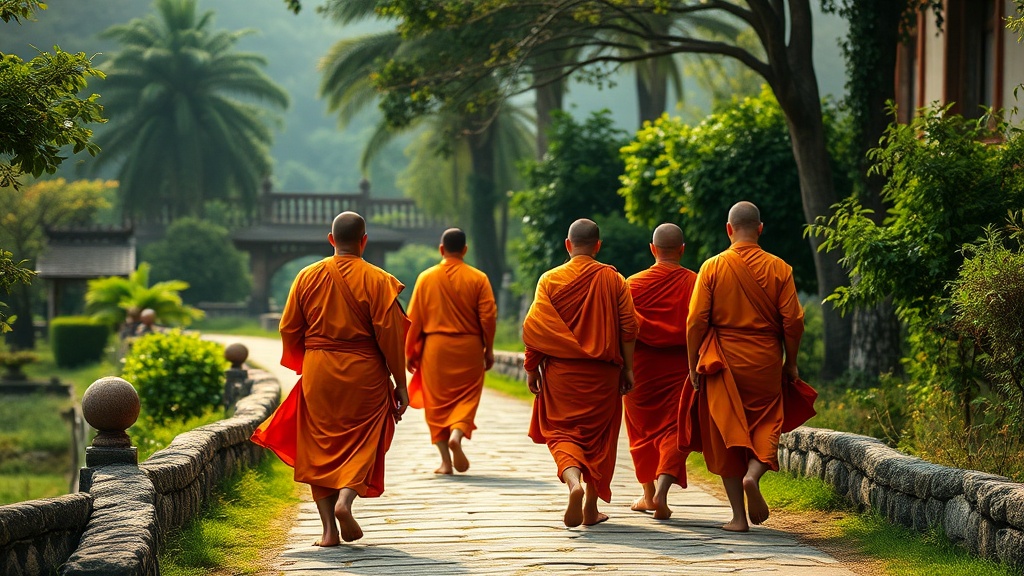 Monks in saffron robes walking along a monastery stone path