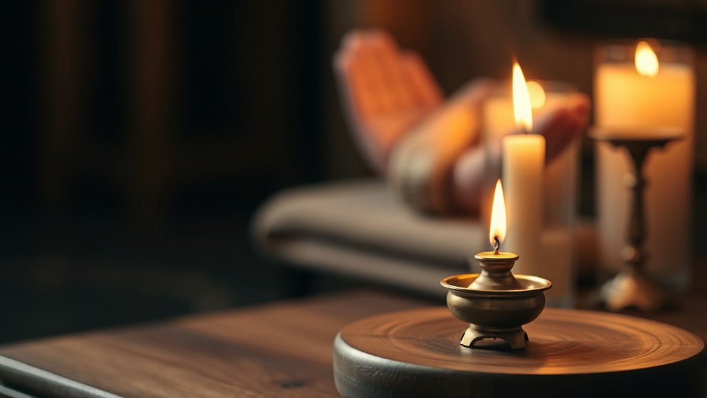 Wooden meditation altar with brass incense burner and candlelight, Buddhist practice setting