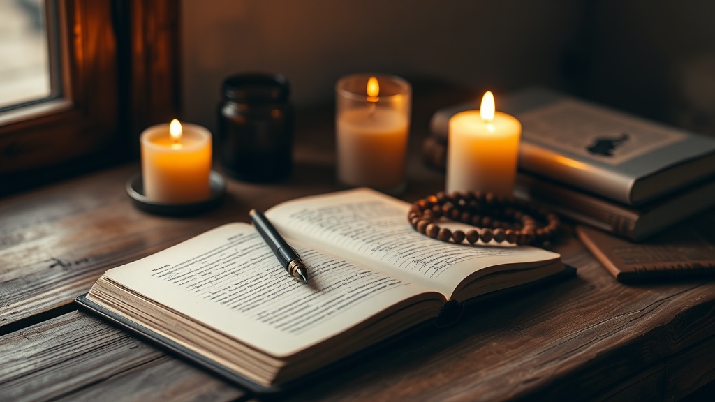 Open journal on wooden desk with mala beads, symbolizing self-reflection and setting intentions in Buddhist practice