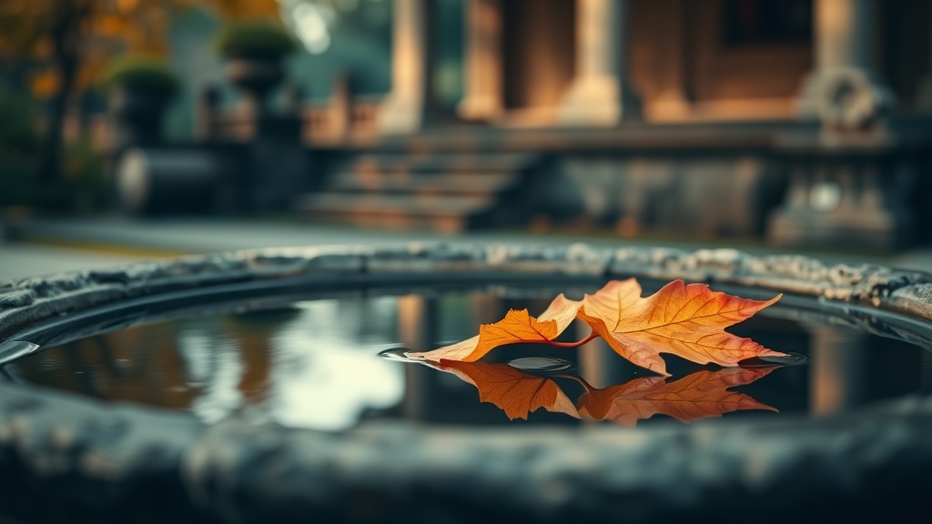 Autumn leaf on still water in a stone basin, evoking Buddhist teachings on impermanence and present-moment awareness