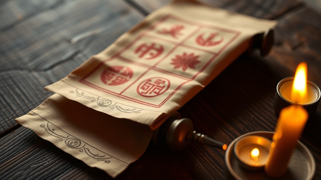 Ashtamangala scroll displaying the eight auspicious Buddhist symbols in traditional Tibetan style