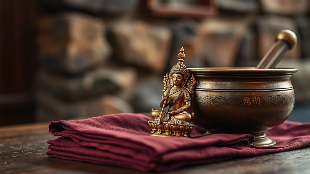 Brass Vajra ritual object and bronze singing bowl on monastic cloth, Tibetan Buddhism