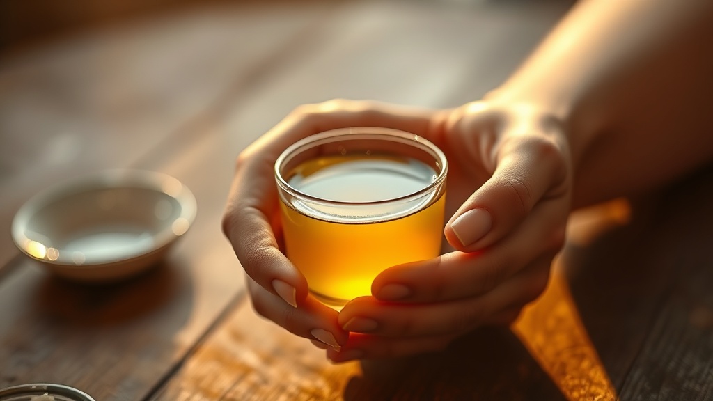 Tasse de thé vert infusé tenu dans des mains au-dessus d'une table en bois