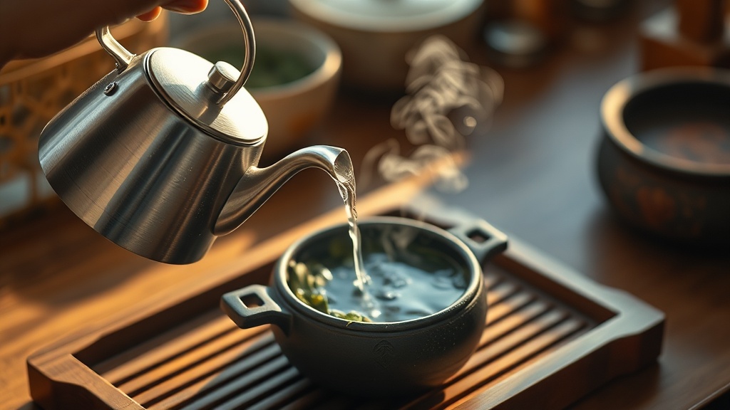 Eau chaude versée doucement depuis une bouilloire dans une théière en fonte japonaise avec du thé vert