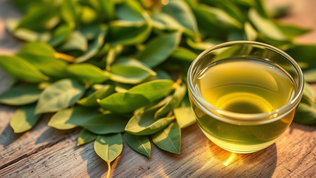 Feuilles de thé vert Camellia sinensis fraîches et détail des catéchines naturelles
