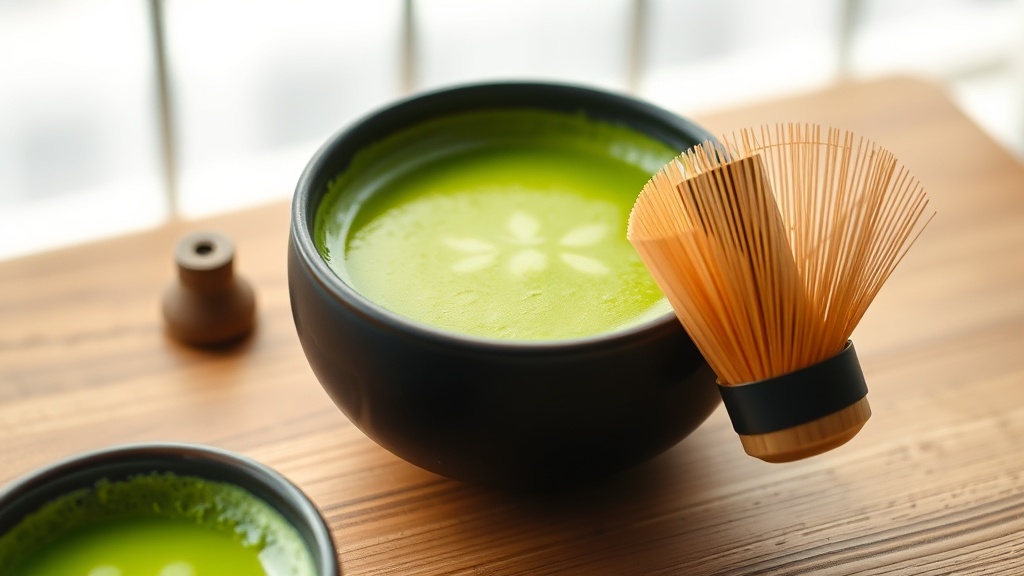 Bol de matcha japonais préparé avec un chasen en bambou, mousse verte brillante