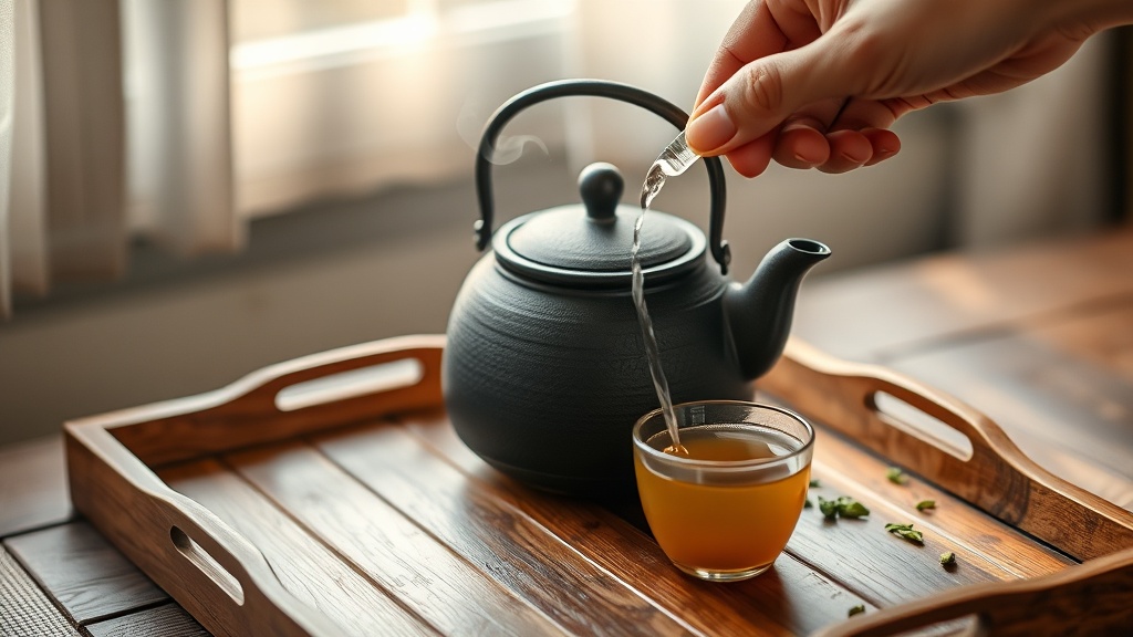 Théière en fonte japonaise versant du thé vert dans une petite tasse sans anse sur un plateau en bois
