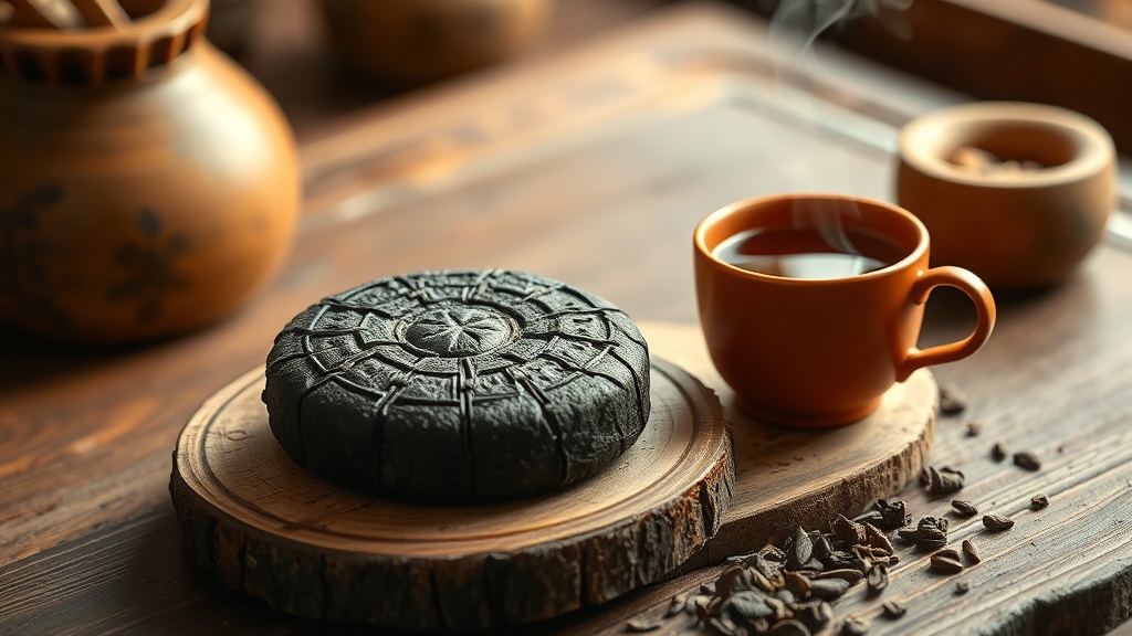 Galette de thé pu-erh pressé posée sur une planche en bois à côté d'une tasse de pu-erh infusé couleur acajou