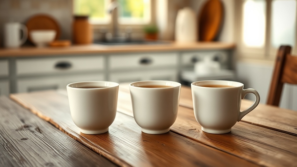 Trois tasses de thé aux couleurs différentes : sencha vert, pu-erh ambré et thé blanc ivoire