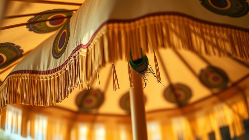 Détail d'un parasol tibétain à plumes de paon et jupe en soie suspendue, tradition Vajrayâna