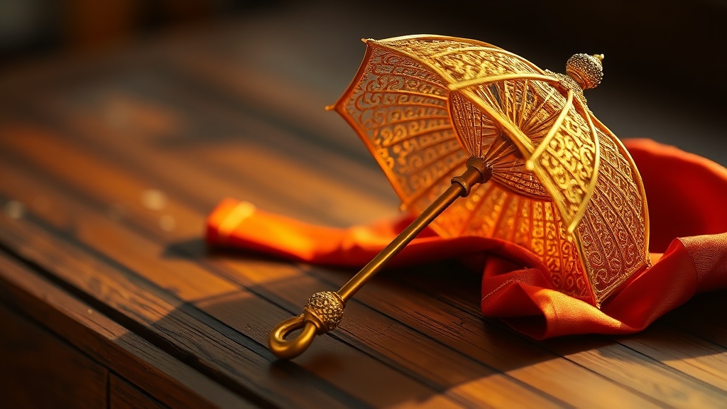 Parasol cérémoniel bouddhiste doré avec détails en soie rouge, symbole du chatra