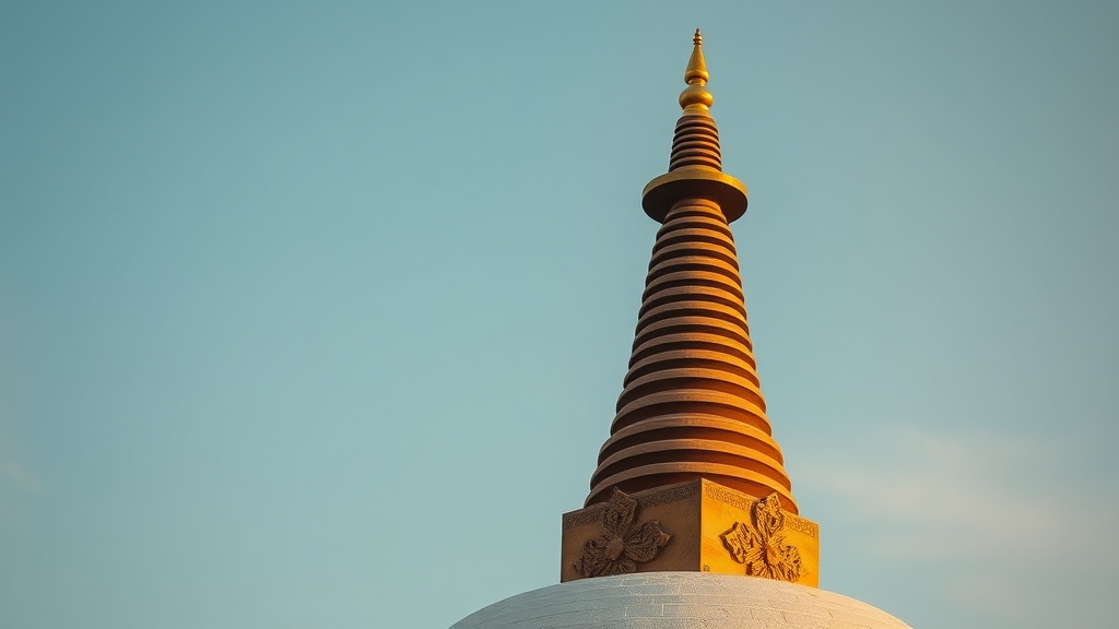 Sommet de stupa bouddhiste avec ombrelles empilées en pierre dorée symbolisant la sainteté