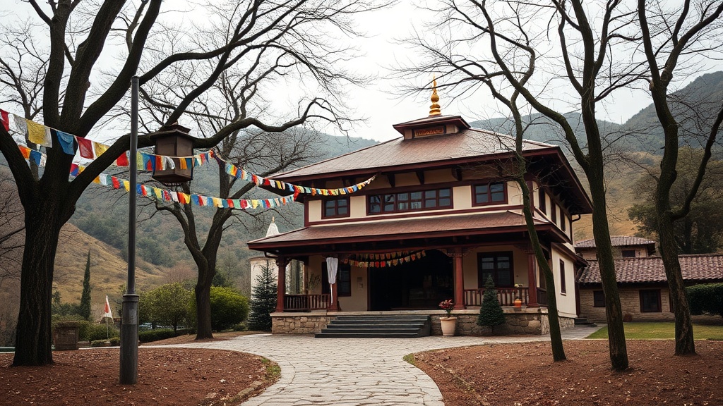 Façade d'un temple bouddhiste tibétain entouré de drapeaux de prières dans les collines d'Auvergne