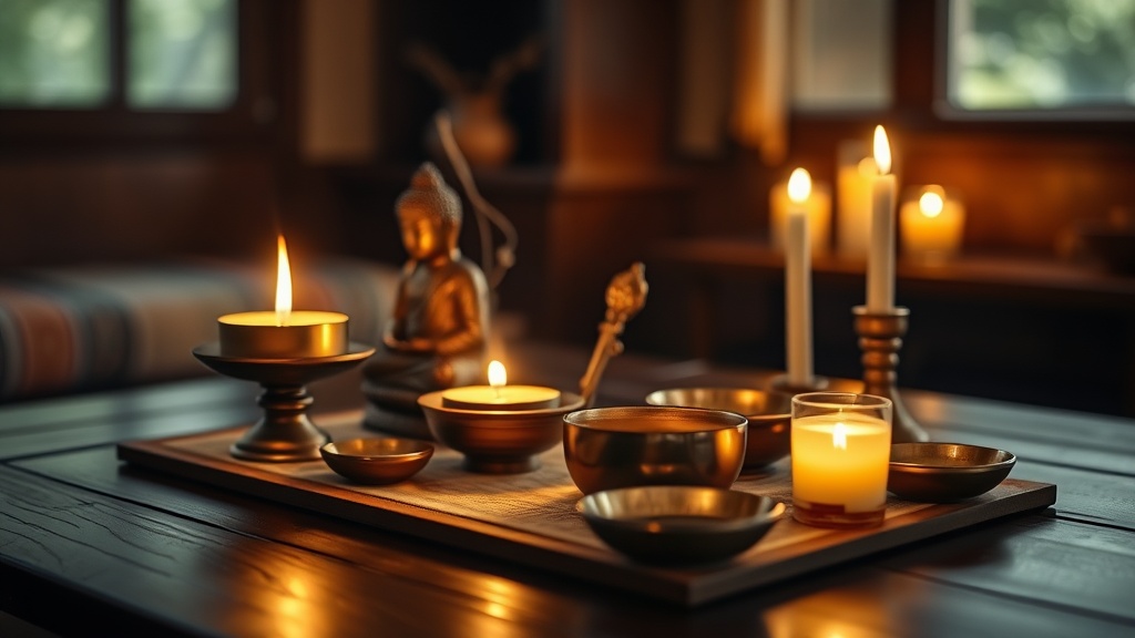 Autel bouddhiste avec lampes à beurre, encens et statue en bronze dans une salle de méditation