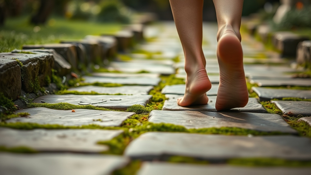 Pieds nus posés lentement sur un chemin de pierre lors d'une marche méditative en jardin