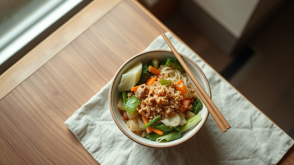 Repas simple présenté avec soin sur une table en bois, invitant à manger en pleine conscience