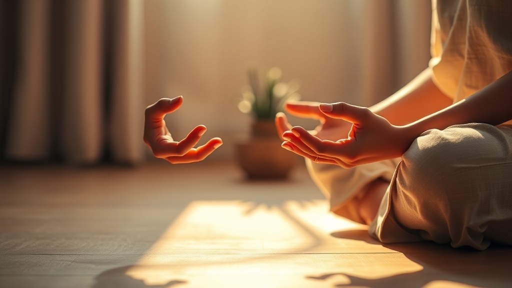 Mains posées en mudra sur les genoux lors d'une séance de méditation matinale