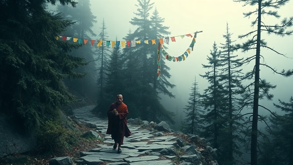 Pèlerin bhoutanais en habit traditionnel sur le sentier forestier menant au monastère de Taktshang