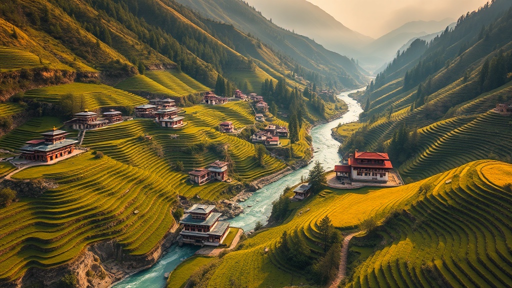 Vue aérienne de la vallée de Paro au Bhoutan avec ses maisons traditionnelles et ses champs de riz en terrasses