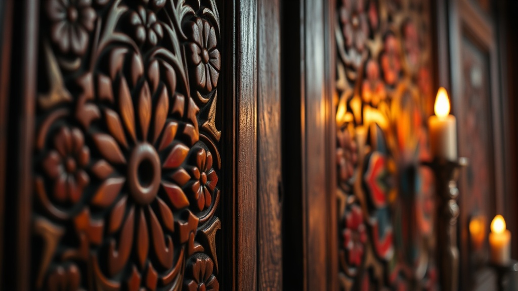 Détail d'une porte sculptée et peinte d'un temple bhoutanais avec motifs traditionnels en rouge et or