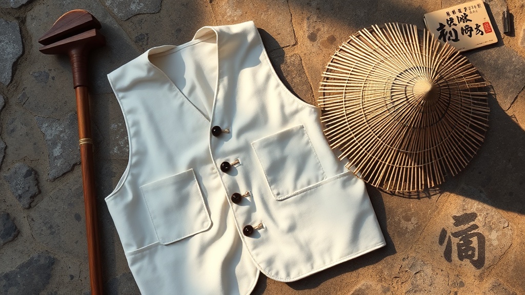 Équipement traditionnel du pèlerin de Shikoku : veste blanche, bâton, chapeau et carnet de sceaux
