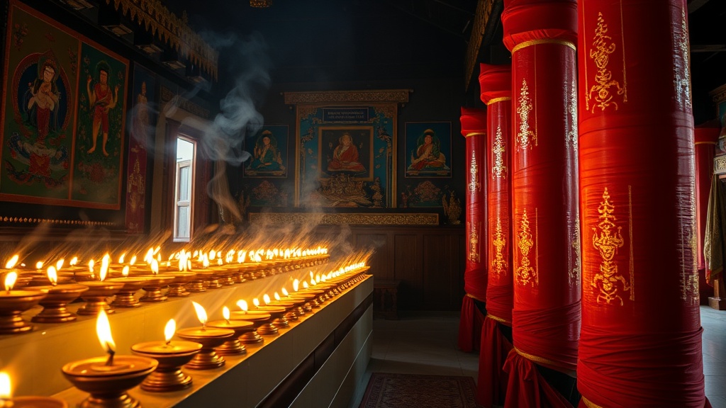 Lampes à beurre dorées et thangka muraux dans un temple bouddhiste à l'intérieur d'un dzong bhoutanais
