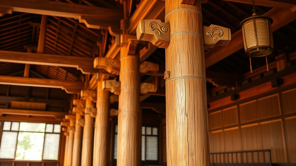 Charpente intérieure en bois d'un temple bouddhiste japonais ancien, éclairée par des lanternes