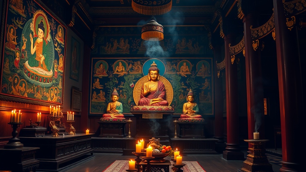 Intérieur d'un temple bouddhiste bhoutanais éclairé par des lampes à beurre et des thangkas colorées