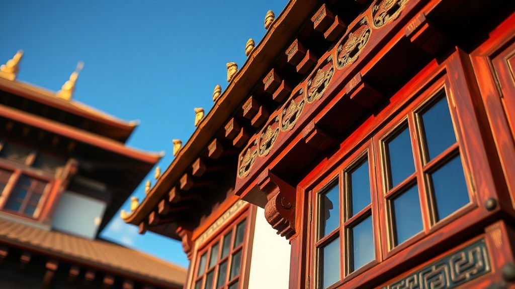 Détail architectural d'un dzong bhoutanais : treillis de bois sculpté et doré sur fond de ciel himalayen