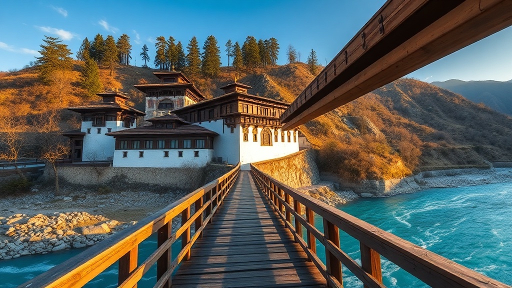 Dzong bhoutanais vu depuis le pont de bois couvert, rivière turquoise au premier plan