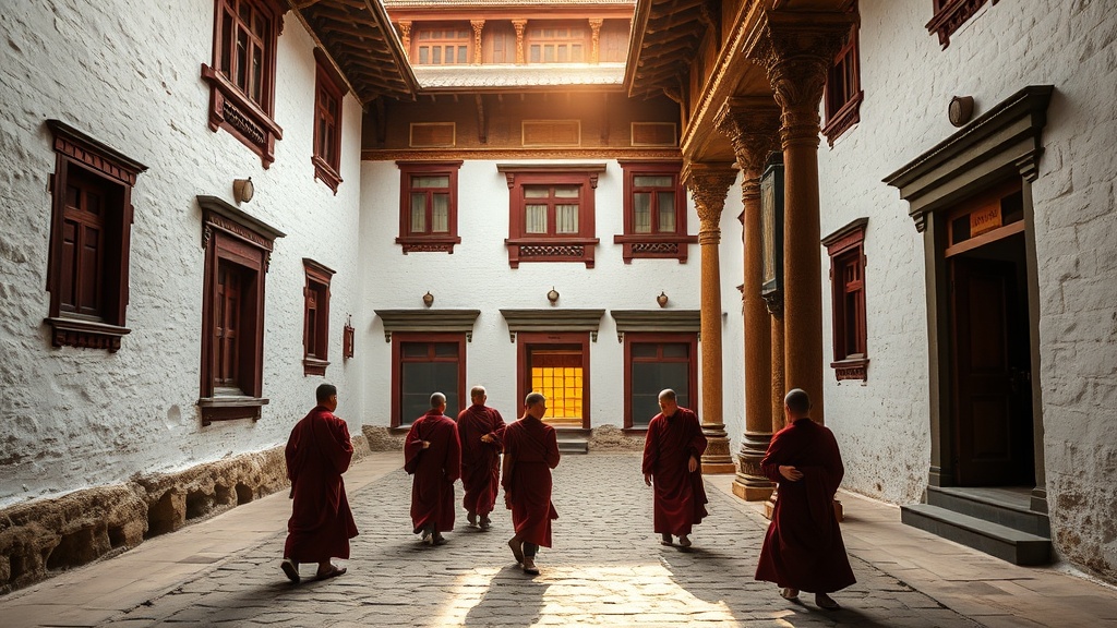 Cour intérieure d'un dzong bhoutanais avec des moines en robes bordeaux traversant l'espace pavé