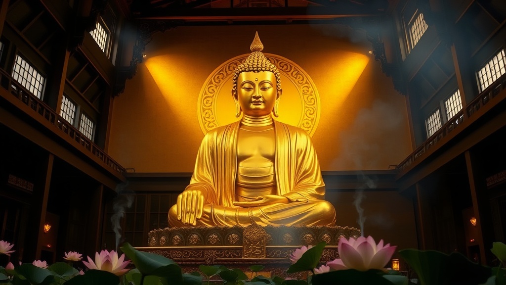 Statue dorée de Bouddha dans le hall principal d'un temple japonais, fumée d'encens en arrière-plan