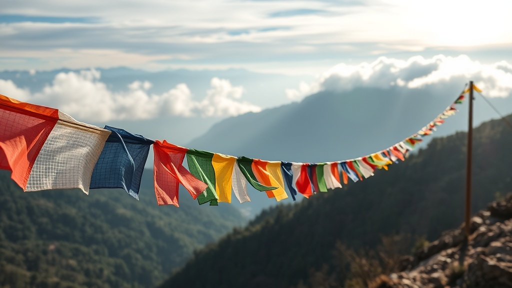 Drapeaux de prières tibétains colorés au col de montagne bhoutanais, vallée brumeuse en contrebas
