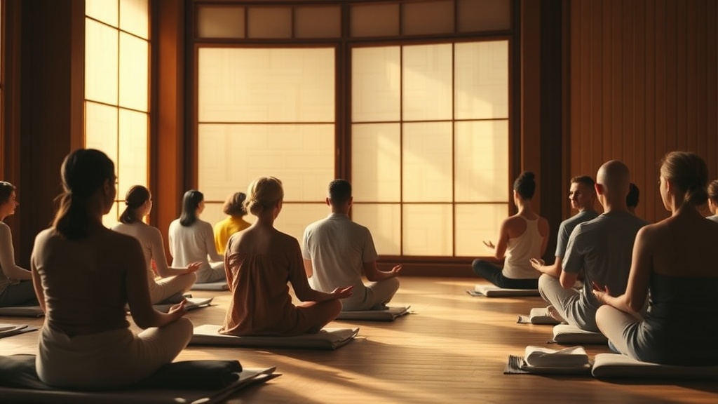 Session de méditation Vipassanā dans la salle du temple, pratiquants assis sur coussins en silence