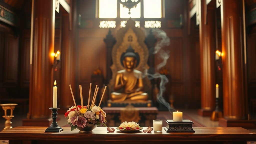 Autel intérieur du Temple Bouddhiste Rancon avec statue de Bouddha, offrandes florales et encens allumé