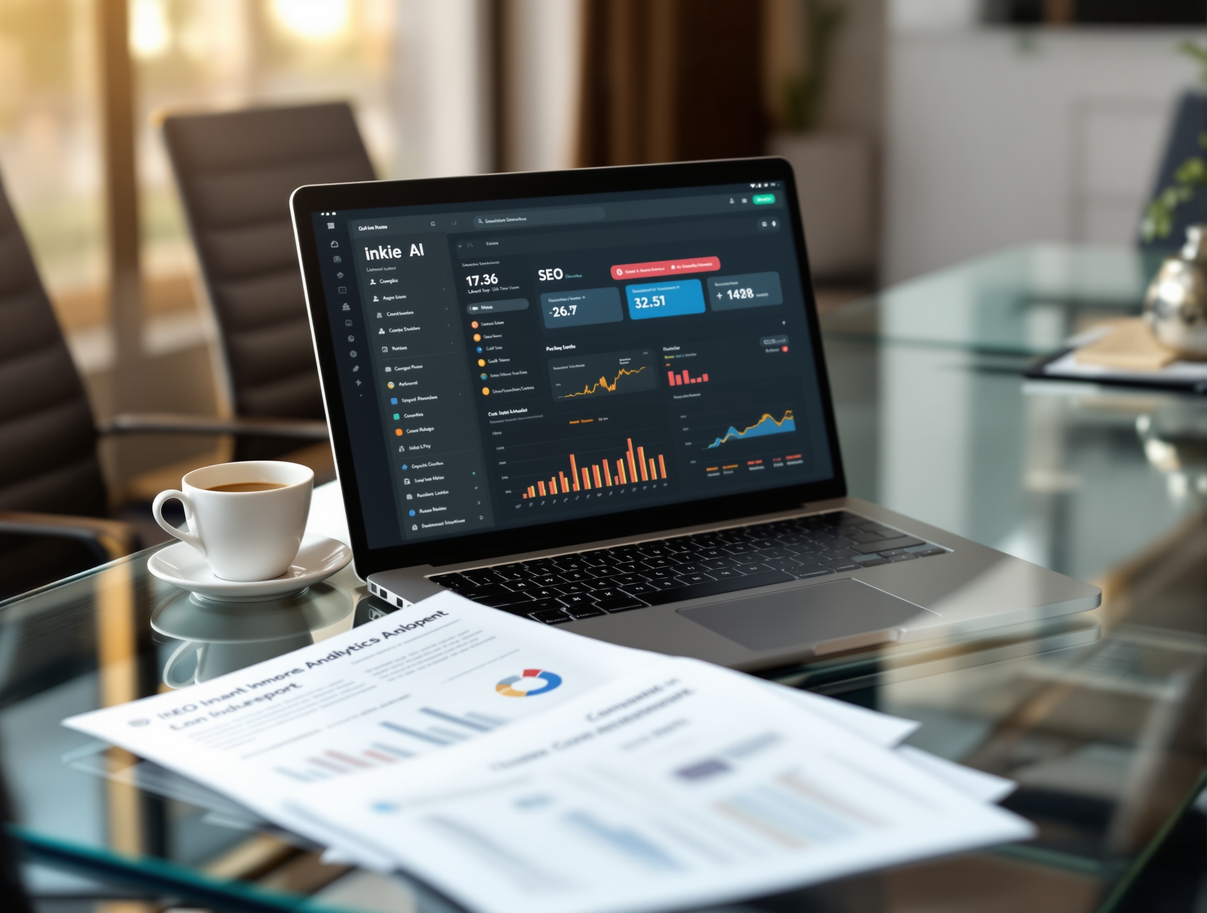 InkieAI dashboard on laptop with SEO reports and analytics in a modern office.