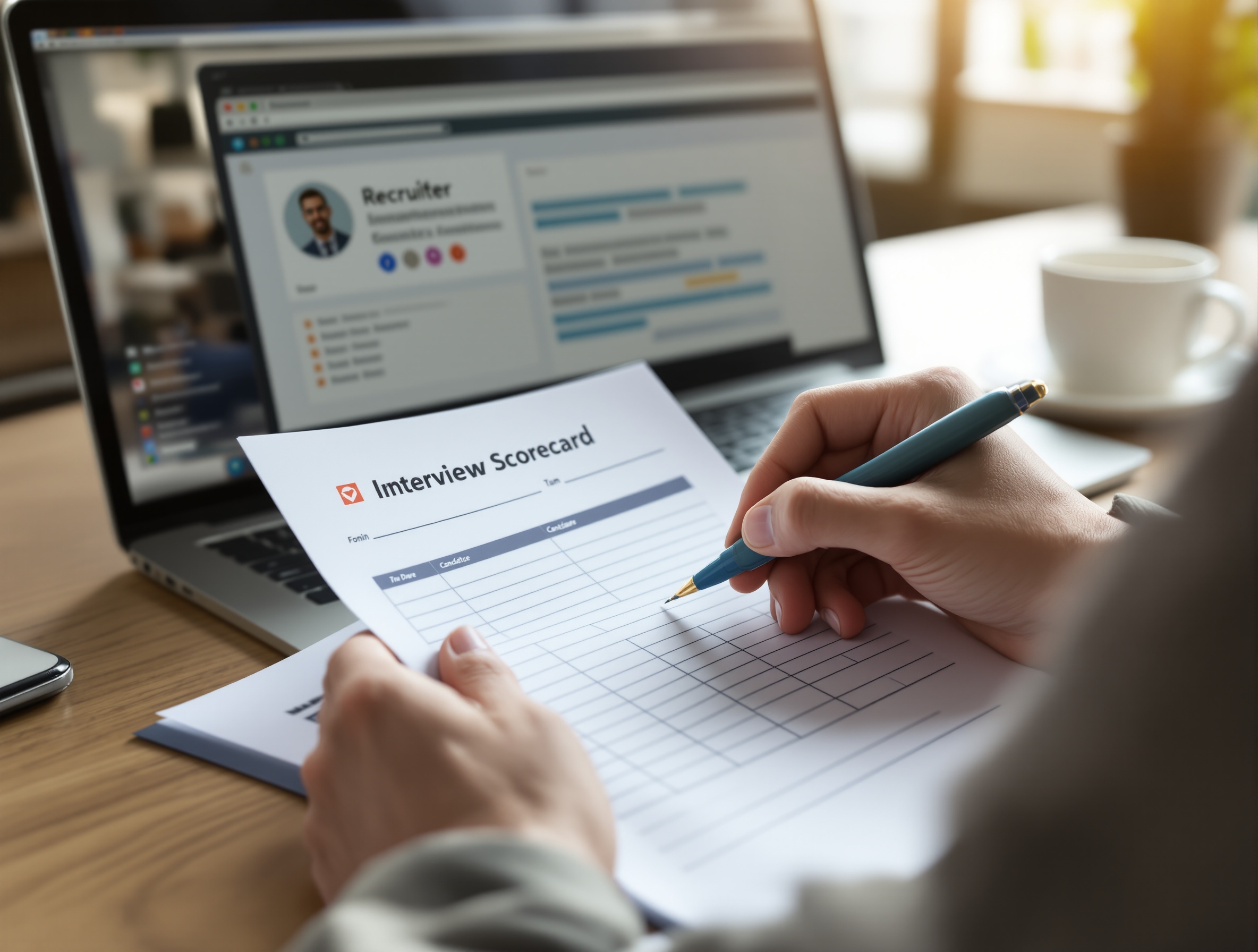Recruiter filling out a printed interview scorecard next to a laptop and coffee mug