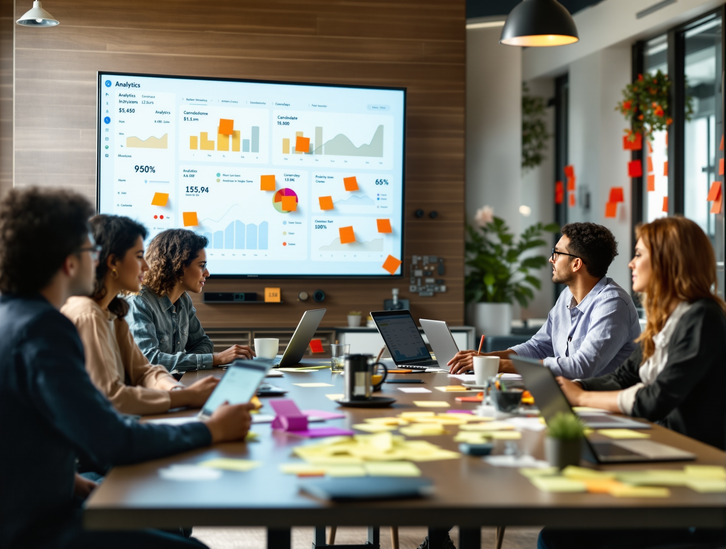 Recruiters reviewing digital analytics and candidate scores in a modern office