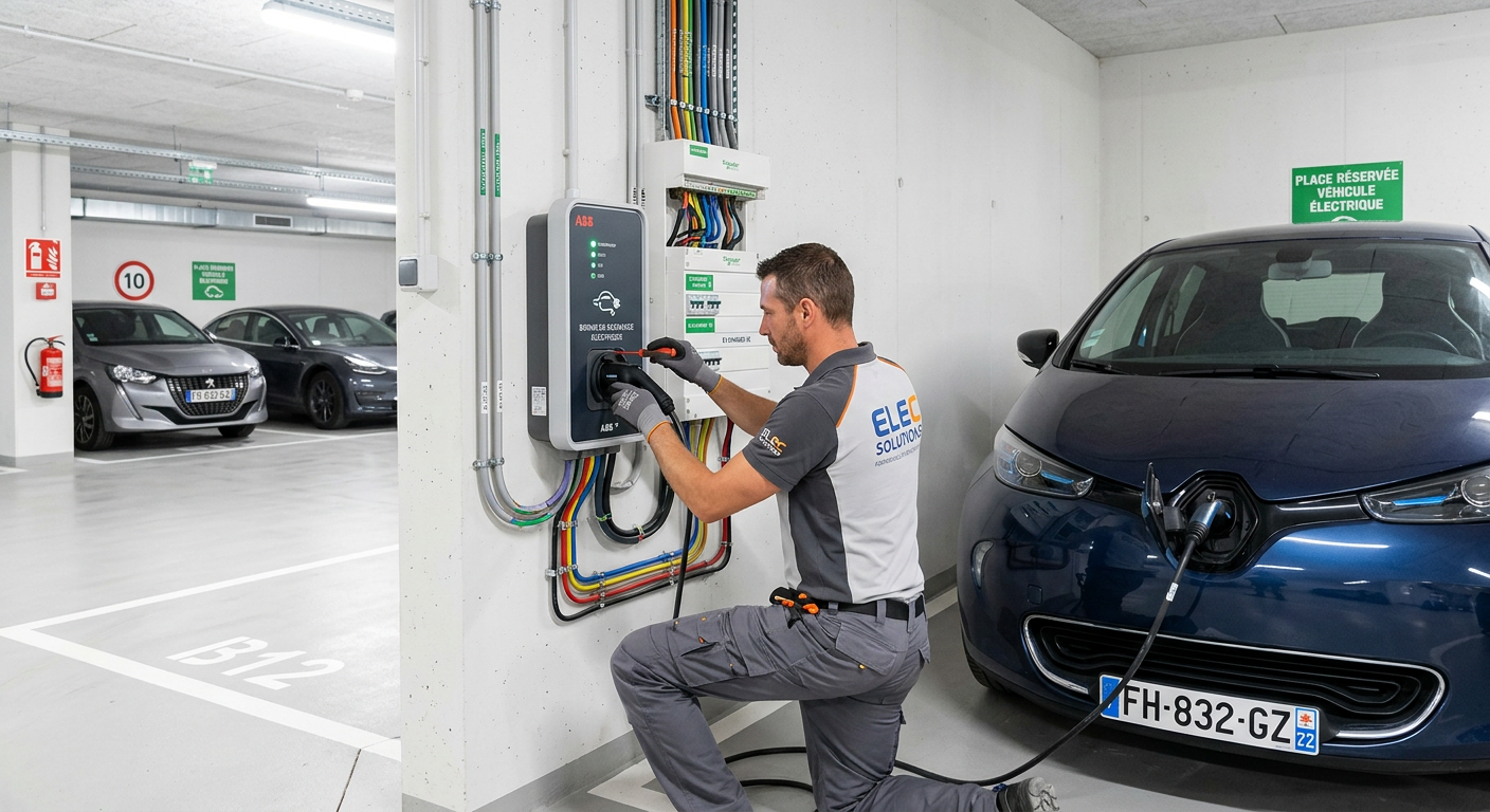 Installateur en train de poser une borne de recharge électrique IRVE dans une copropriété moderne avec véhicule en charge.