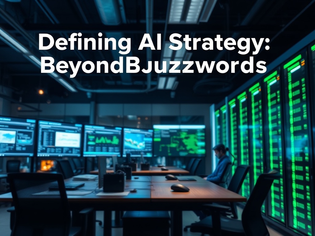 Illustration of AI strategy planning with gears and digital interface for AI business strategy development