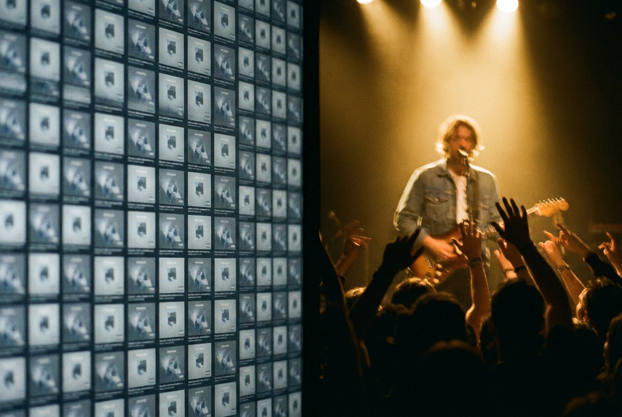alt text: A split-screen showing a massive wall of identical music track thumbnails on one side, and a single human musician performing passionately on stage on the other